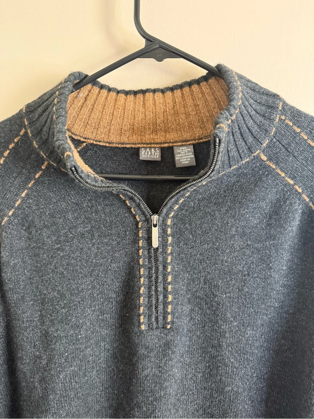 Saks Fifth Avenue Cashmere Wool 1/4 Zip Sweater Charcoal Tan Stitching Men's XXL